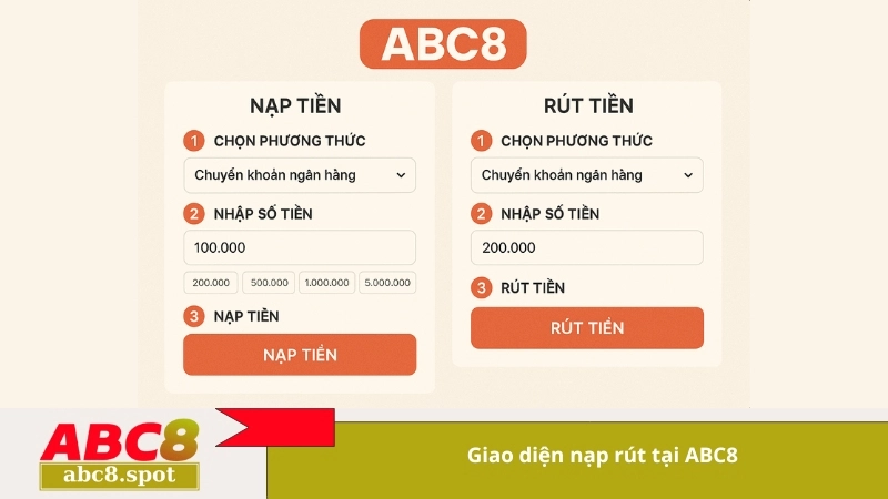 Giao diện nạp rút tại ABC8
