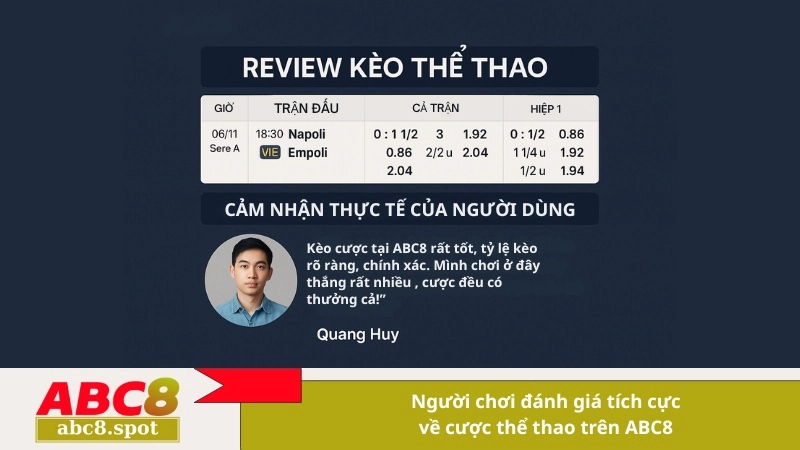 Người chơi đánh giá tích cực về cược thể thao trên ABC8