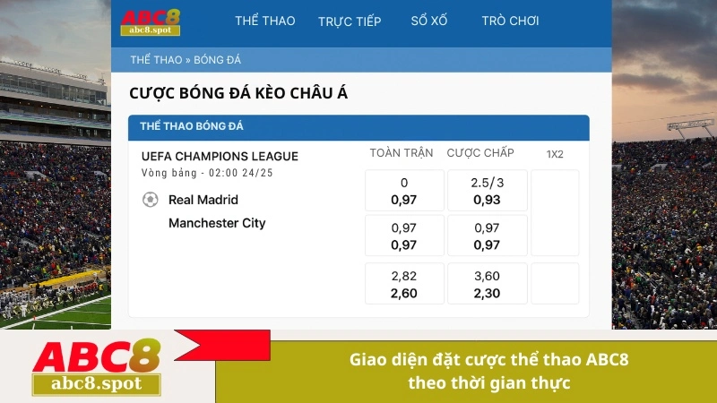 Giao diện đặt cược thể thao ABC8 theo thời gian thực